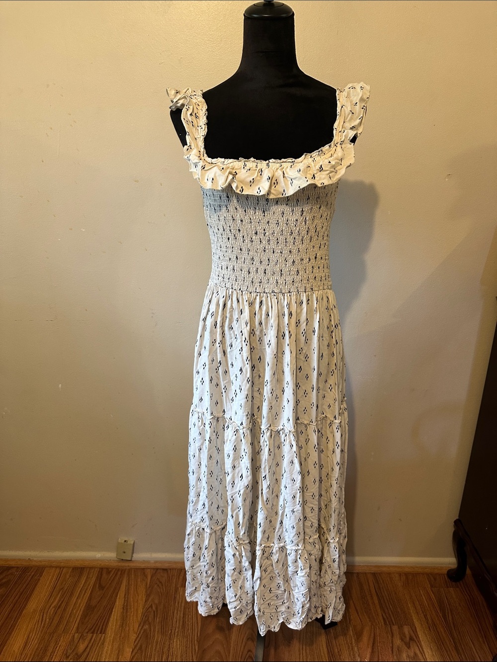 Alexander Jordan Smocked Bodice Ruffle Neckline Summer Maxi Dress